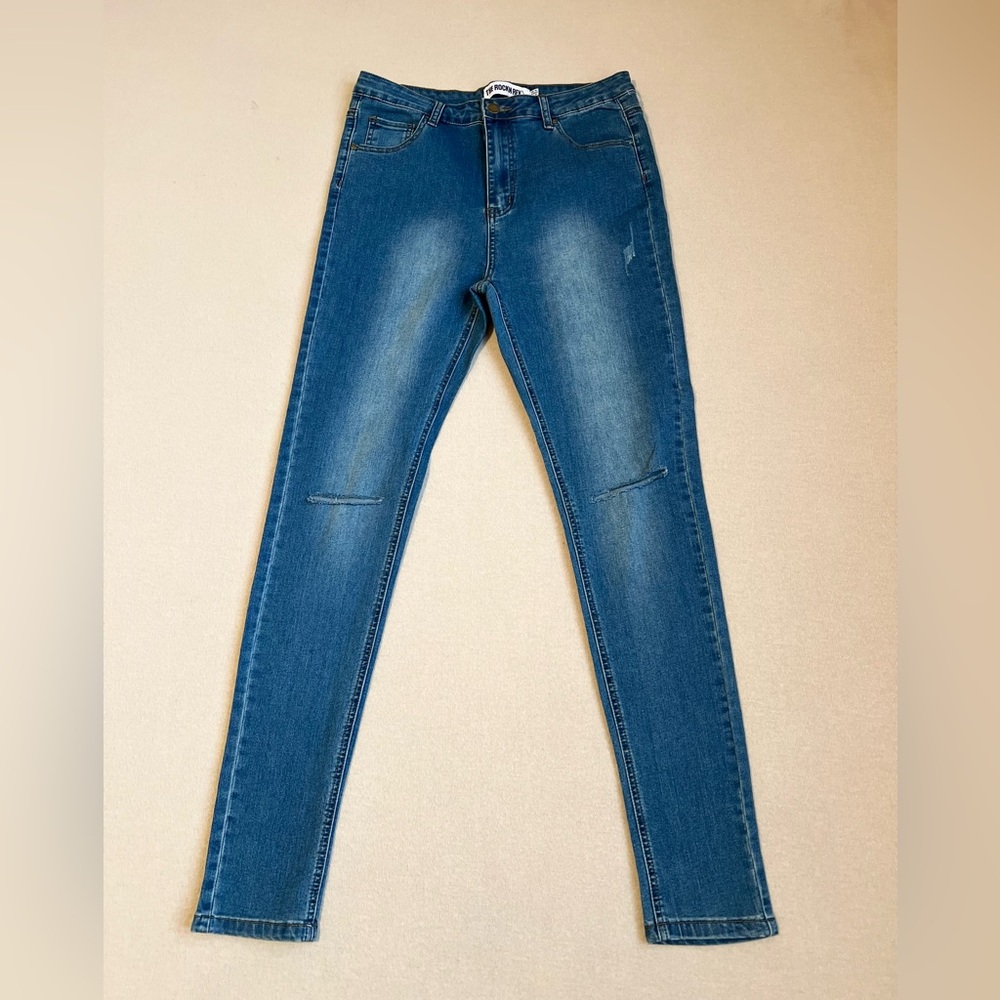 The Rockn Rev Nasty Girl Blue Jeans Size 10 Distressed High Rise Denim EUC